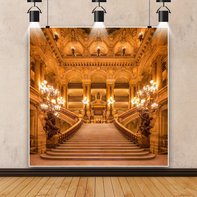 Renaiss 8x8ft Gold Luxurious Palace Backdrop for Photography European Old Church Golden Castle Royal Interior Chandelier Staircase Background Wedding Anniversary Party Banner Photo Booth Props - Image 2